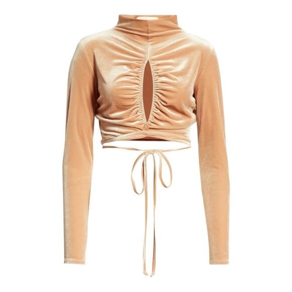 NEW Open Edit Tan Mocha Velvet Long Sleeved Ruched Cut Out Crop Top Size S - Picture 4 of 11